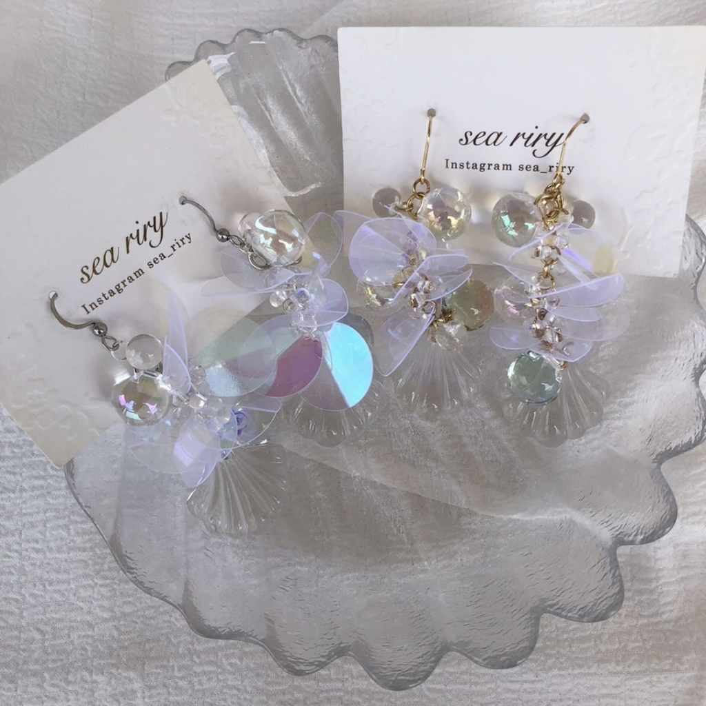 no.63 人魚姫のしゃぼん玉ピアス マーメイド シェル クリア オーロラ ジュルネ レジンピアス イヤリング ハンドメイド