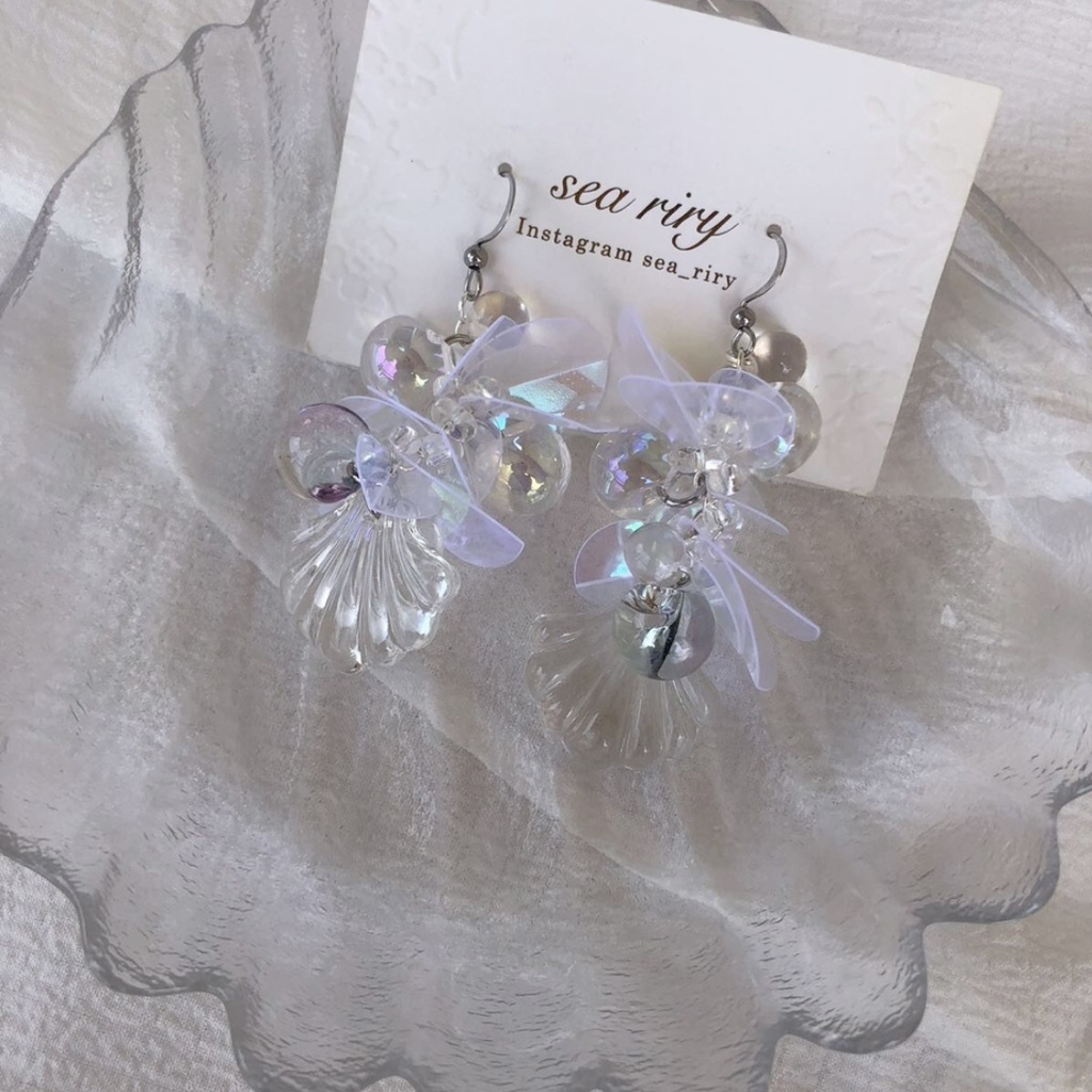 no.63 人魚姫のしゃぼん玉ピアス マーメイド シェル クリア オーロラ ジュルネ レジンピアス イヤリング ハンドメイド