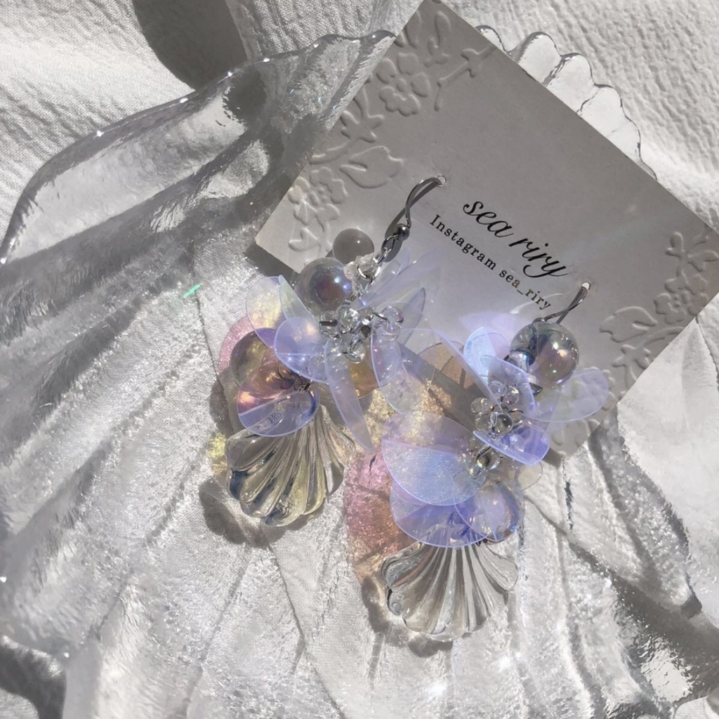 no.63 人魚姫のしゃぼん玉ピアス マーメイド シェル クリア オーロラ ジュルネ レジンピアス イヤリング ハンドメイド