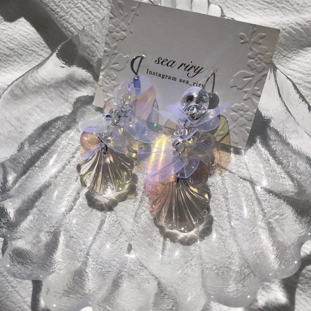 no.63 人魚姫のしゃぼん玉ピアス マーメイド シェル クリア オーロラ ジュルネ レジンピアス イヤリング ハンドメイド