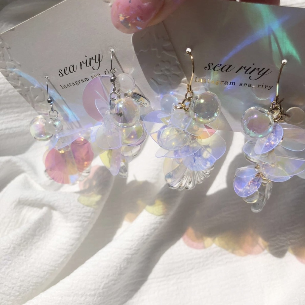 no.63 人魚姫のしゃぼん玉ピアス マーメイド シェル クリア オーロラ ジュルネ レジンピアス イヤリング ハンドメイド