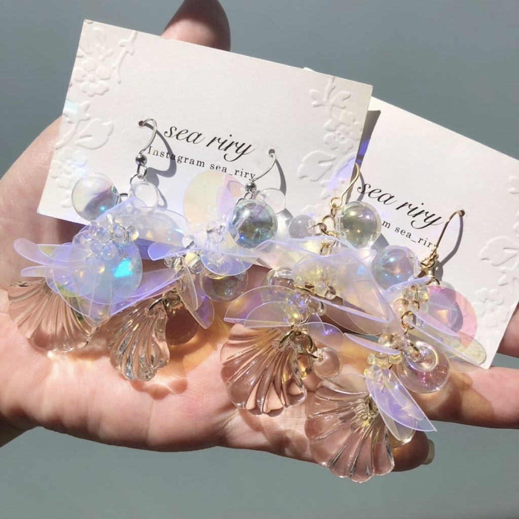 no.63 人魚姫のしゃぼん玉ピアス マーメイド シェル クリア オーロラ ジュルネ レジンピアス イヤリング ハンドメイド