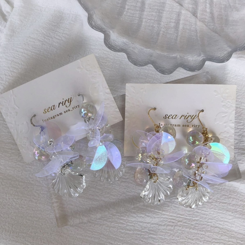 no.63 人魚姫のしゃぼん玉ピアス マーメイド シェル クリア オーロラ ジュルネ レジンピアス イヤリング ハンドメイド