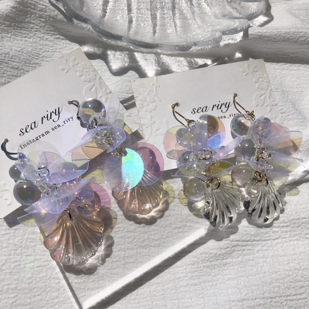 no.63 人魚姫のしゃぼん玉ピアス マーメイド シェル クリア オーロラ ジュルネ レジンピアス イヤリング ハンドメイド