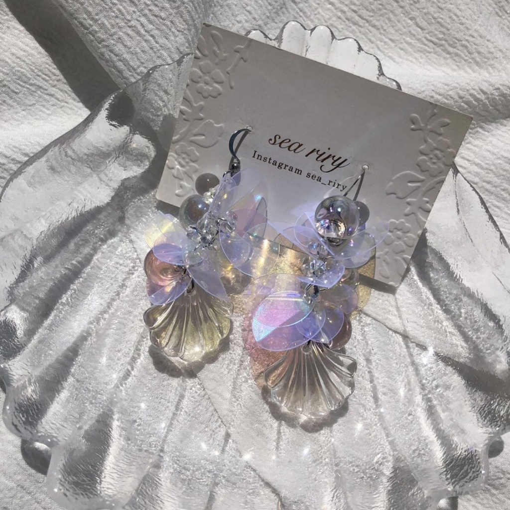 no.63 人魚姫のしゃぼん玉ピアス マーメイド シェル クリア オーロラ ジュルネ レジンピアス イヤリング ハンドメイド