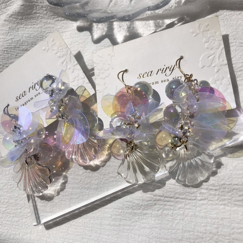 no.63 人魚姫のしゃぼん玉ピアス マーメイド シェル クリア オーロラ ジュルネ レジンピアス イヤリング ハンドメイド