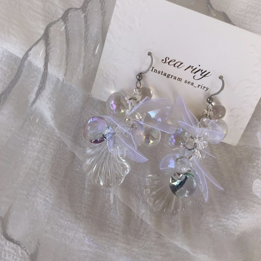 no.63 人魚姫のしゃぼん玉ピアス マーメイド シェル クリア オーロラ ジュルネ レジンピアス イヤリング ハンドメイド