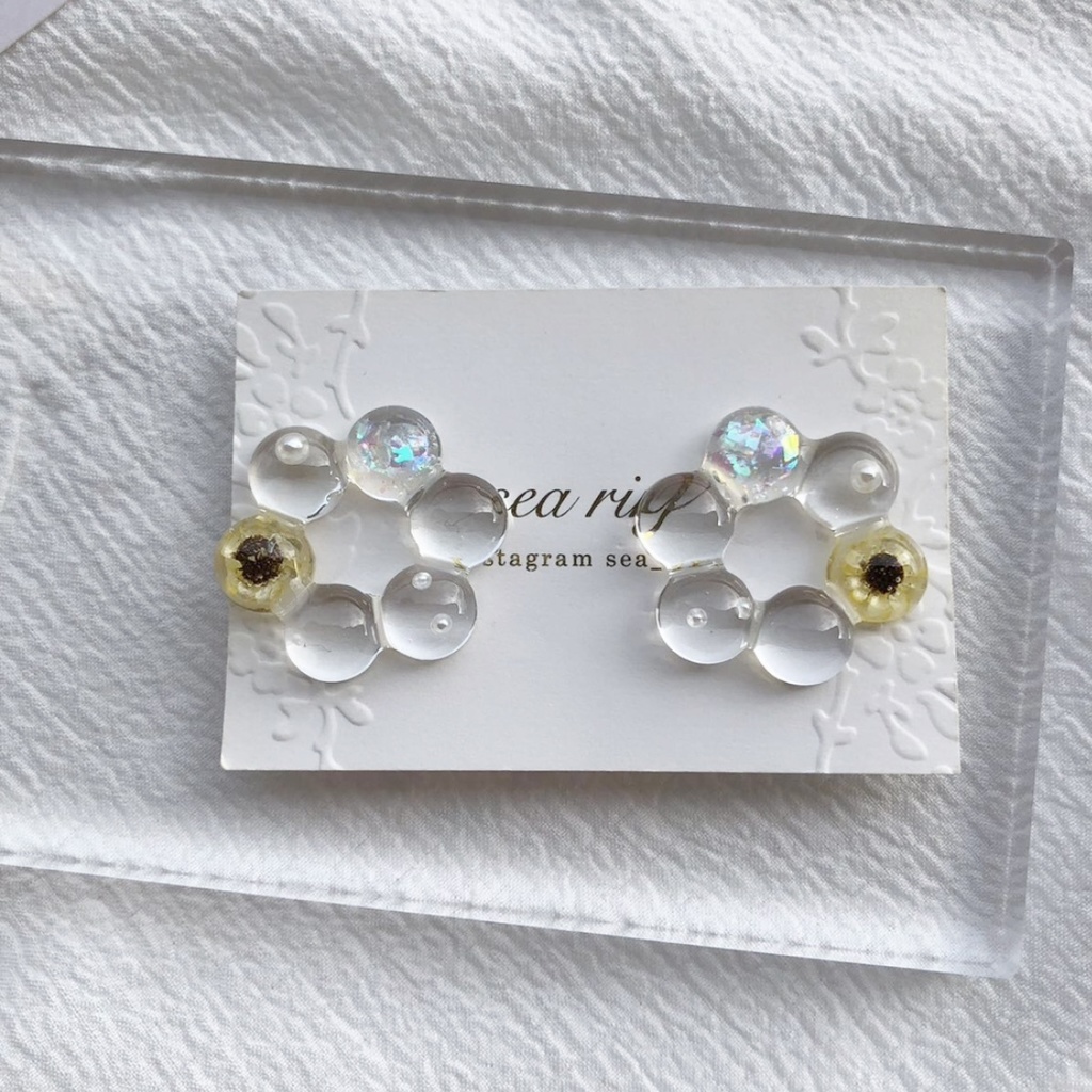 no.64 限定 sale 向日葵リングのクリアピアス ひまわり スターフラワー パール クリア ドーナツ レジンピアス イヤリング