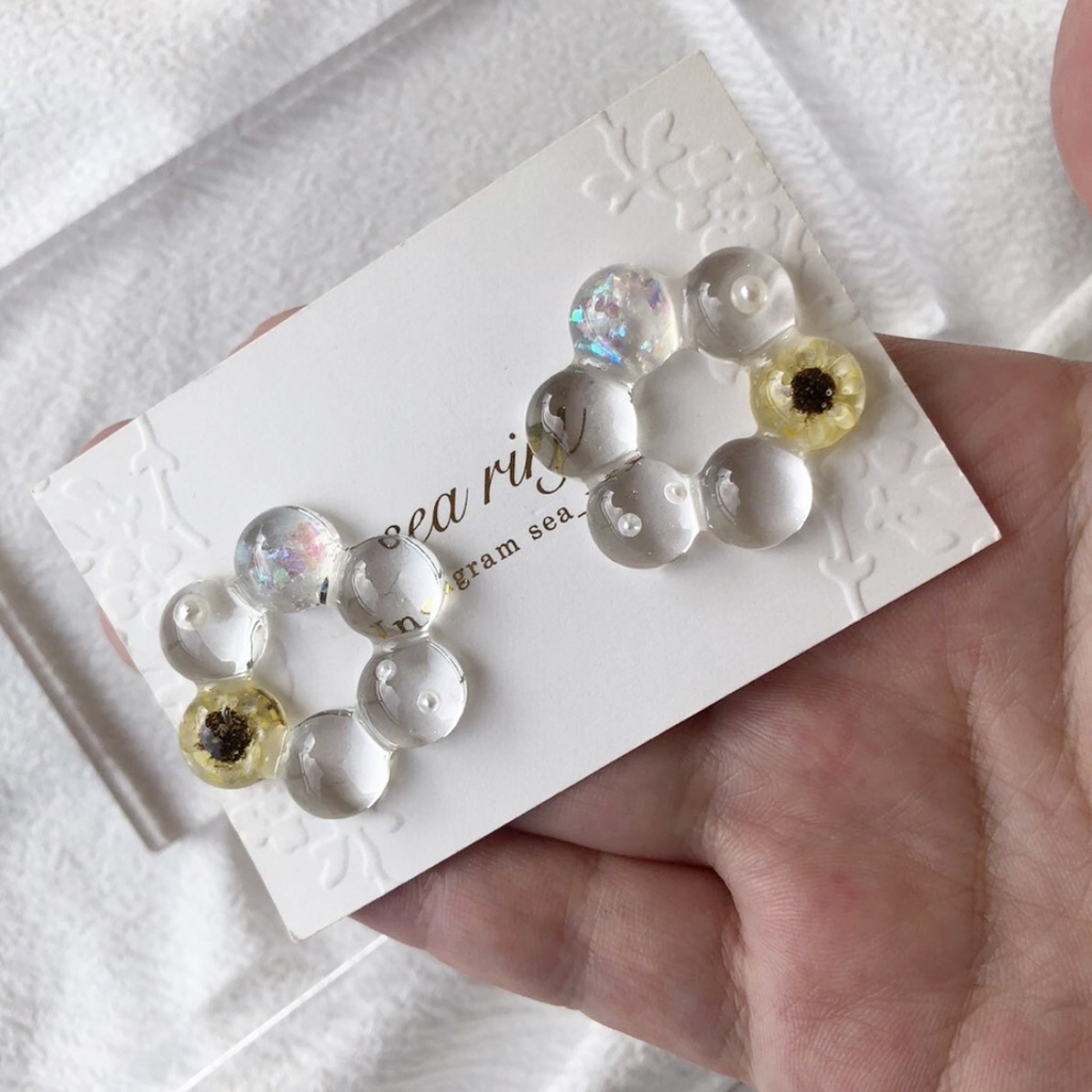 no.64 限定 sale 向日葵リングのクリアピアス ひまわり スターフラワー パール クリア ドーナツ レジンピアス イヤリング