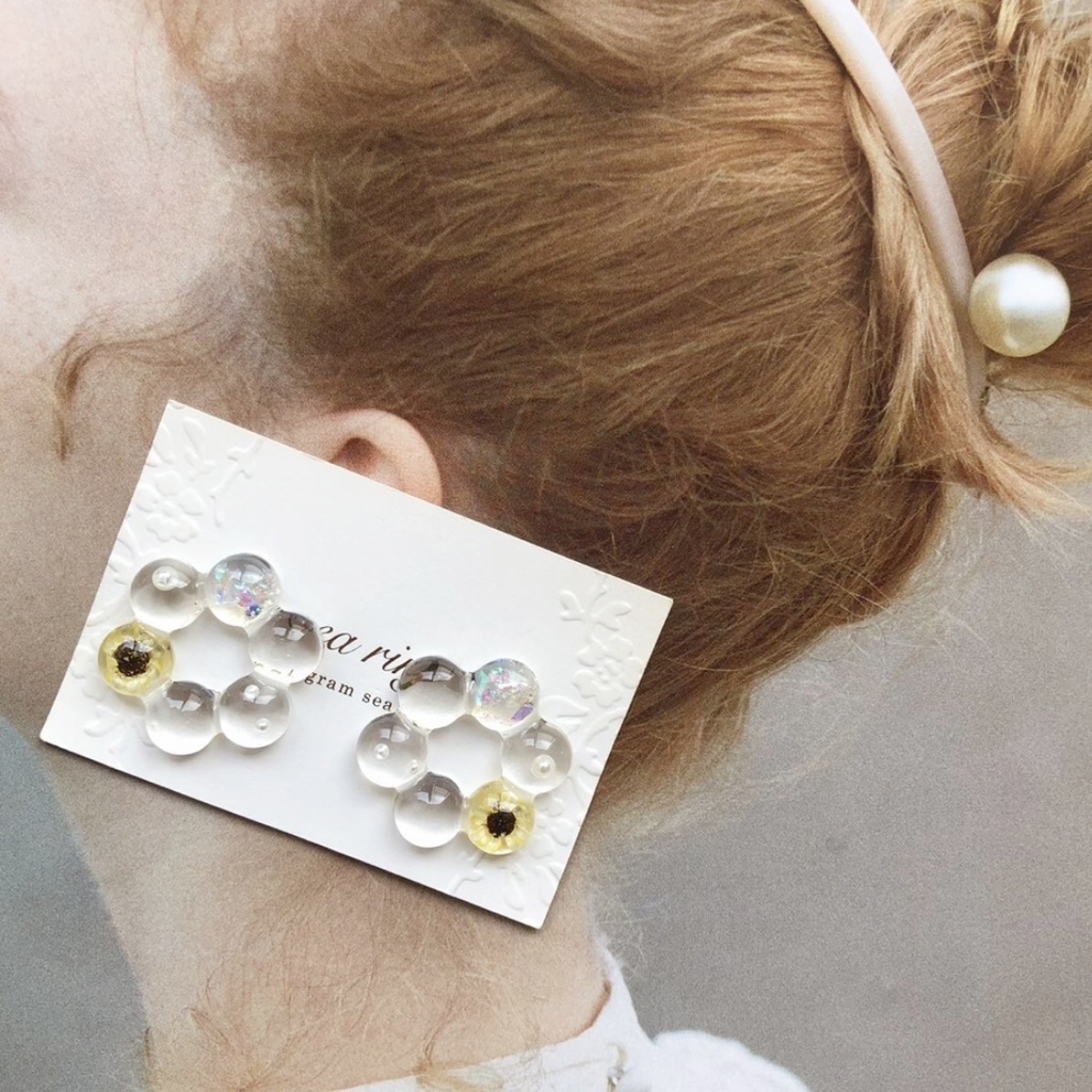 no.64 限定 sale 向日葵リングのクリアピアス ひまわり スターフラワー パール クリア ドーナツ レジンピアス イヤリング