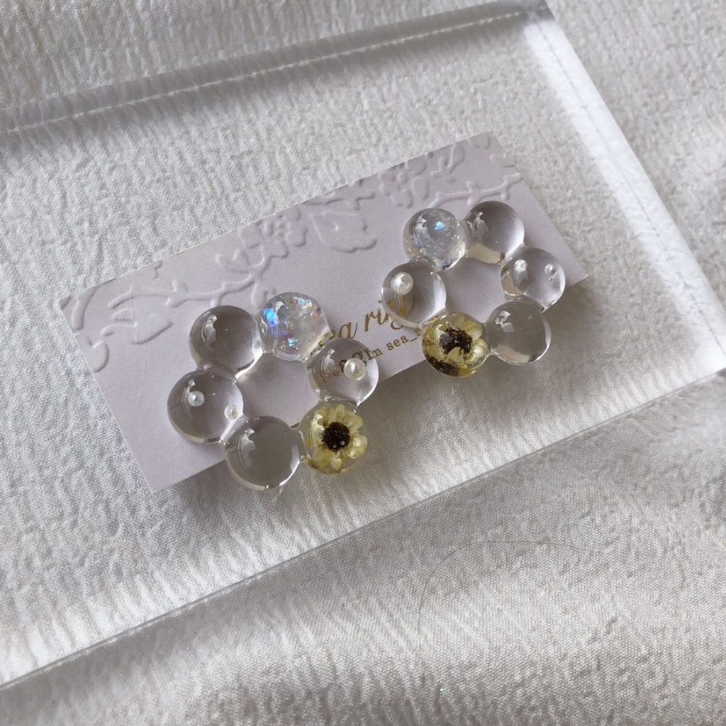 no.64 限定 sale 向日葵リングのクリアピアス ひまわり スターフラワー パール クリア ドーナツ レジンピアス イヤリング