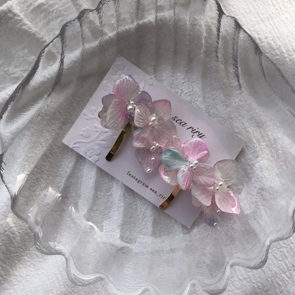 no.66 再販 sale マーメイドカラーの紫陽花ポニーフック アジサイ パール ヘアアクセサリー 髪飾り 浴衣 ハンドメイド