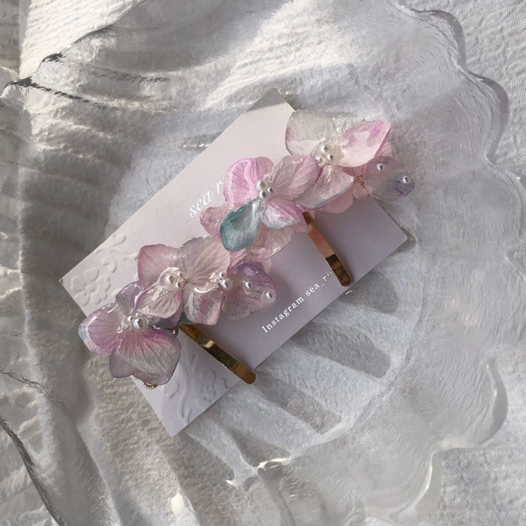 no.66 再販 sale マーメイドカラーの紫陽花ポニーフック アジサイ パール ヘアアクセサリー 髪飾り 浴衣 ハンドメイド