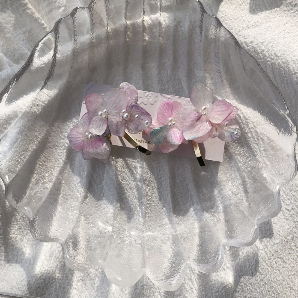 no.66 再販 sale マーメイドカラーの紫陽花ポニーフック アジサイ パール ヘアアクセサリー 髪飾り 浴衣 ハンドメイド