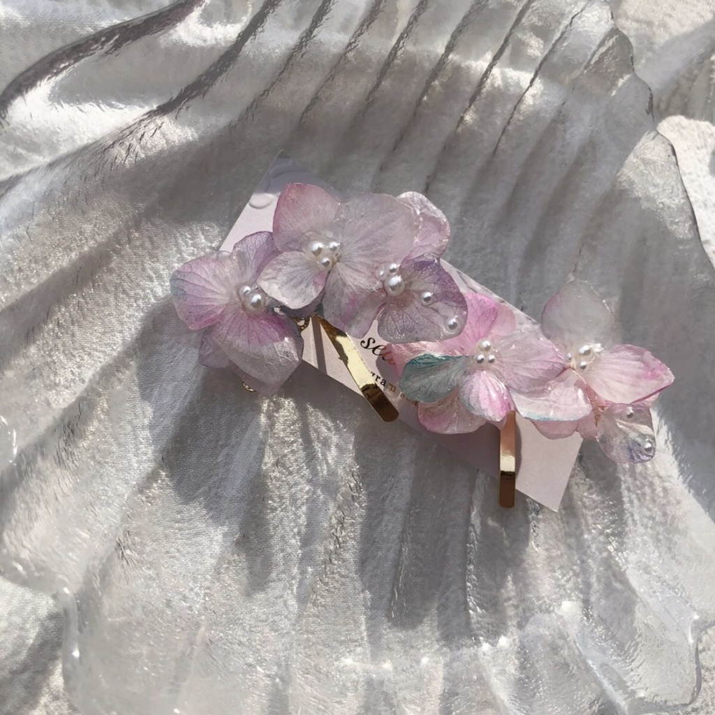 no.66 再販 sale マーメイドカラーの紫陽花ポニーフック アジサイ パール ヘアアクセサリー 髪飾り 浴衣 ハンドメイド