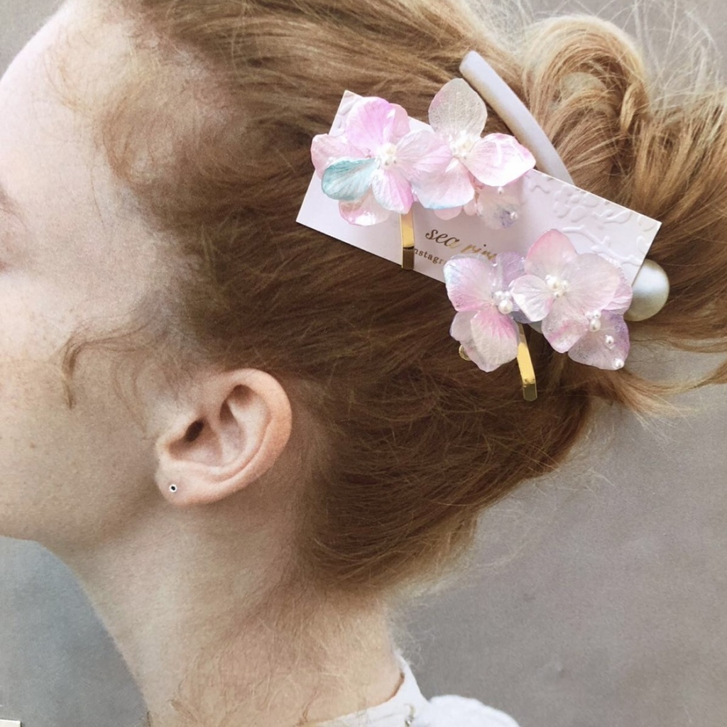 no.66 再販 sale マーメイドカラーの紫陽花ポニーフック アジサイ パール ヘアアクセサリー 髪飾り 浴衣 ハンドメイド