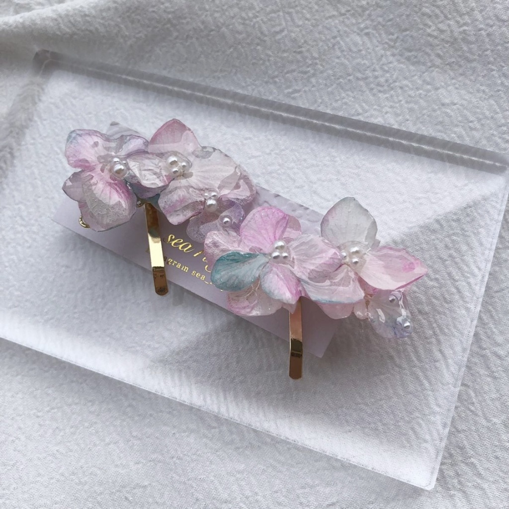 no.66 再販 sale マーメイドカラーの紫陽花ポニーフック アジサイ パール ヘアアクセサリー 髪飾り 浴衣 ハンドメイド