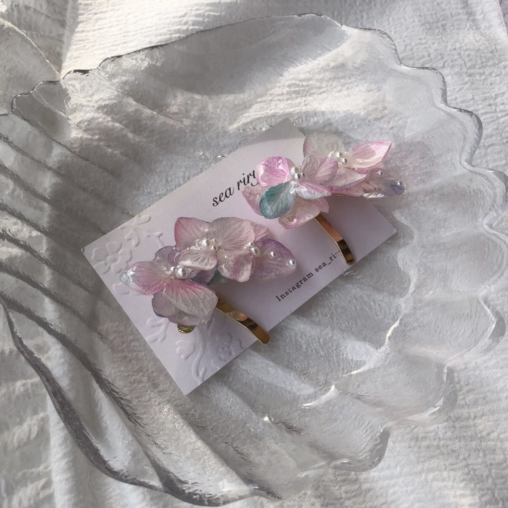 no.66 再販 sale マーメイドカラーの紫陽花ポニーフック アジサイ パール ヘアアクセサリー 髪飾り 浴衣 ハンドメイド