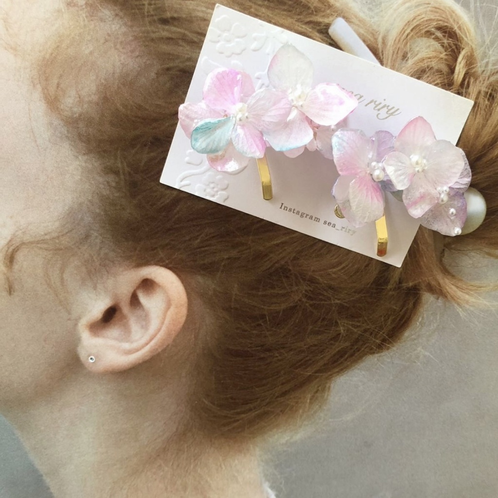 no.66 再販 sale マーメイドカラーの紫陽花ポニーフック アジサイ パール ヘアアクセサリー 髪飾り 浴衣 ハンドメイド