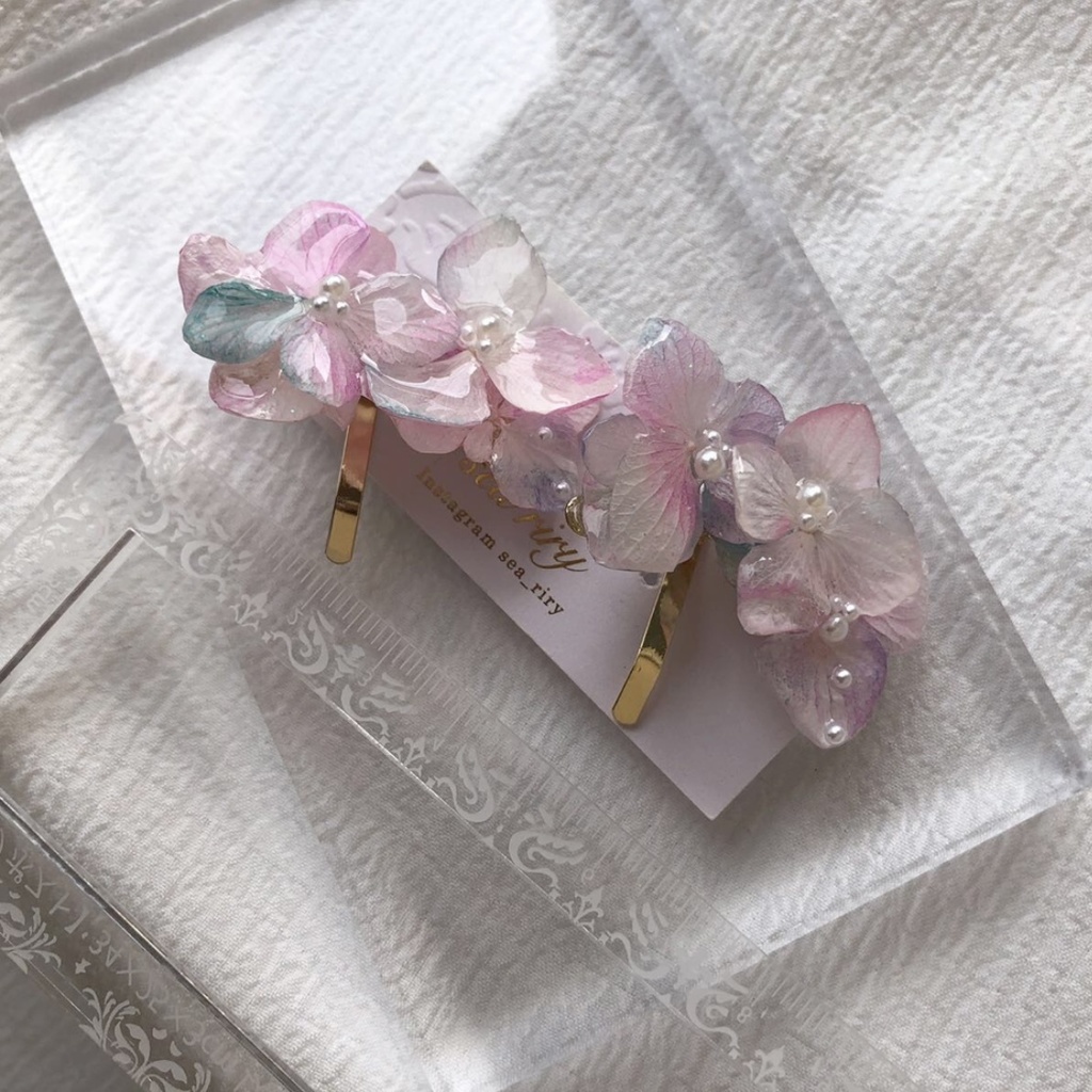 no.66 再販 sale マーメイドカラーの紫陽花ポニーフック アジサイ パール ヘアアクセサリー 髪飾り 浴衣 ハンドメイド