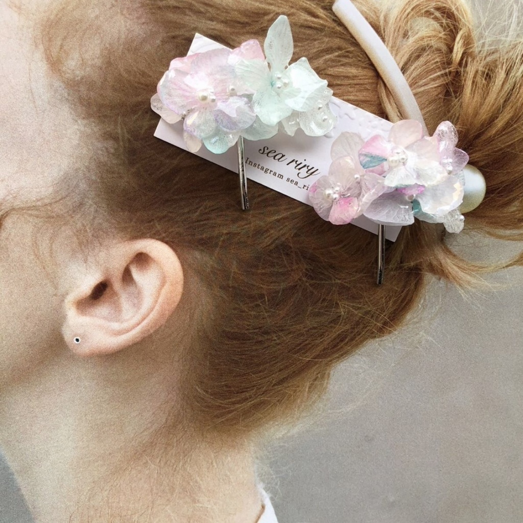 no.67 sale マーメイドカラーの紫陽花ポニーフック Mermaid あじさい パール ヘアアクセサリー ポニーフック ハンドメイド