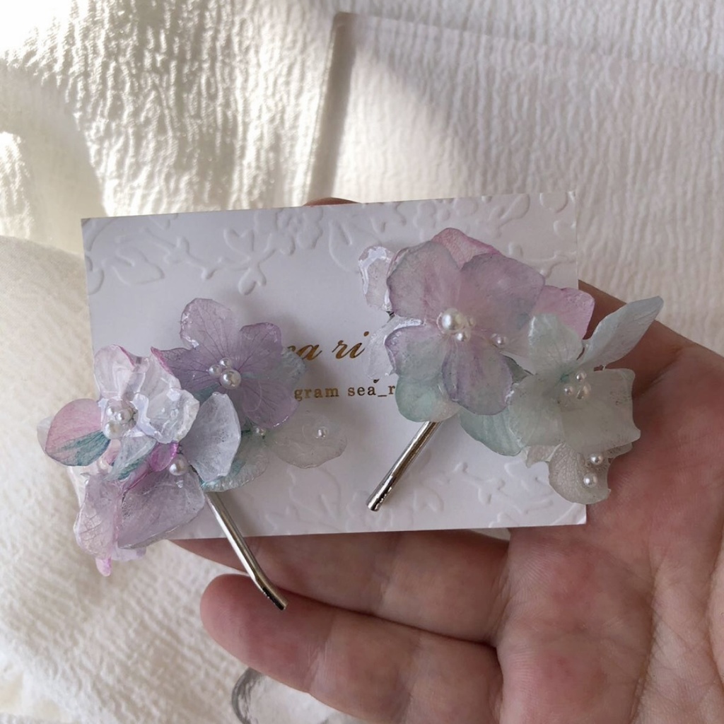 no.67 sale マーメイドカラーの紫陽花ポニーフック Mermaid あじさい パール ヘアアクセサリー ポニーフック ハンドメイド