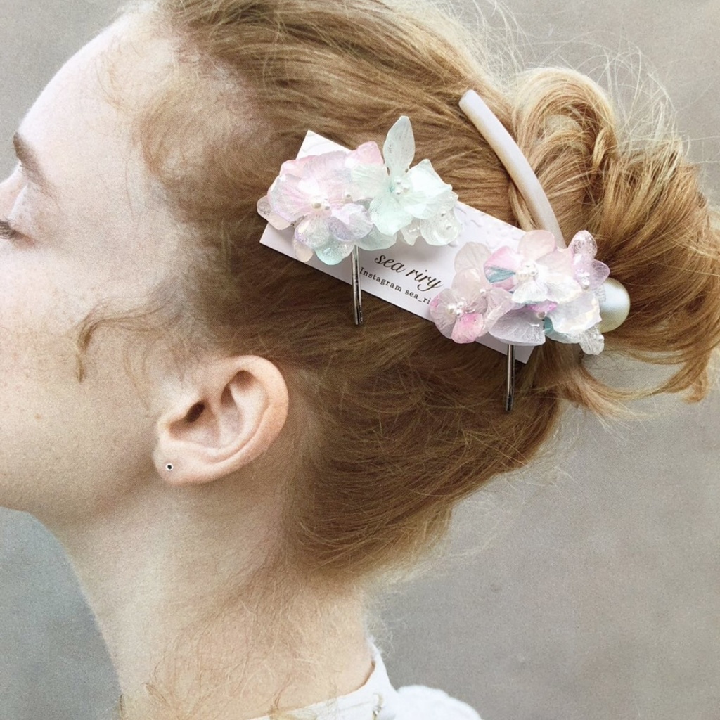 no.67 sale マーメイドカラーの紫陽花ポニーフック Mermaid あじさい パール ヘアアクセサリー ポニーフック ハンドメイド