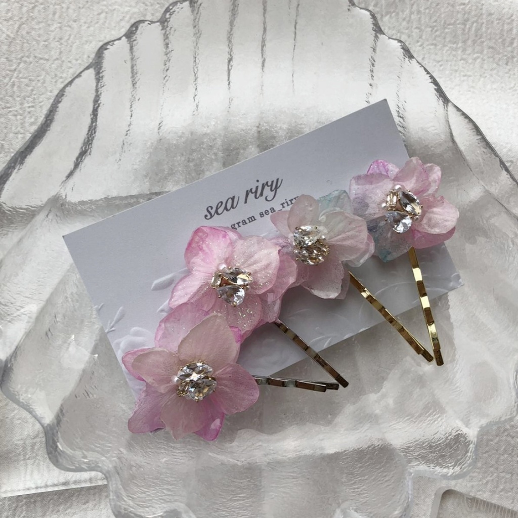 no.77 紫陽花のビジューヘアピン アジサイ Bijoux ヘアアクセサリー 髪飾り 髪留め 本物のお花 ハンドメイド