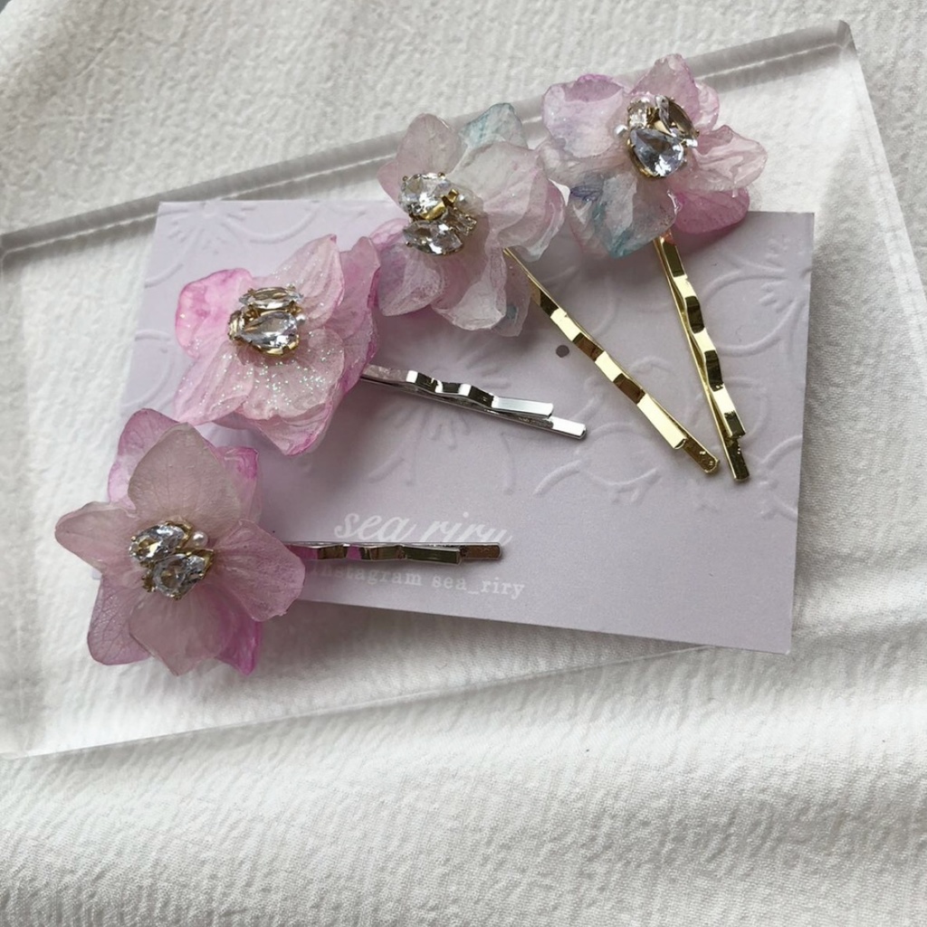 no.77 紫陽花のビジューヘアピン アジサイ Bijoux ヘアアクセサリー 髪飾り 髪留め 本物のお花 ハンドメイド