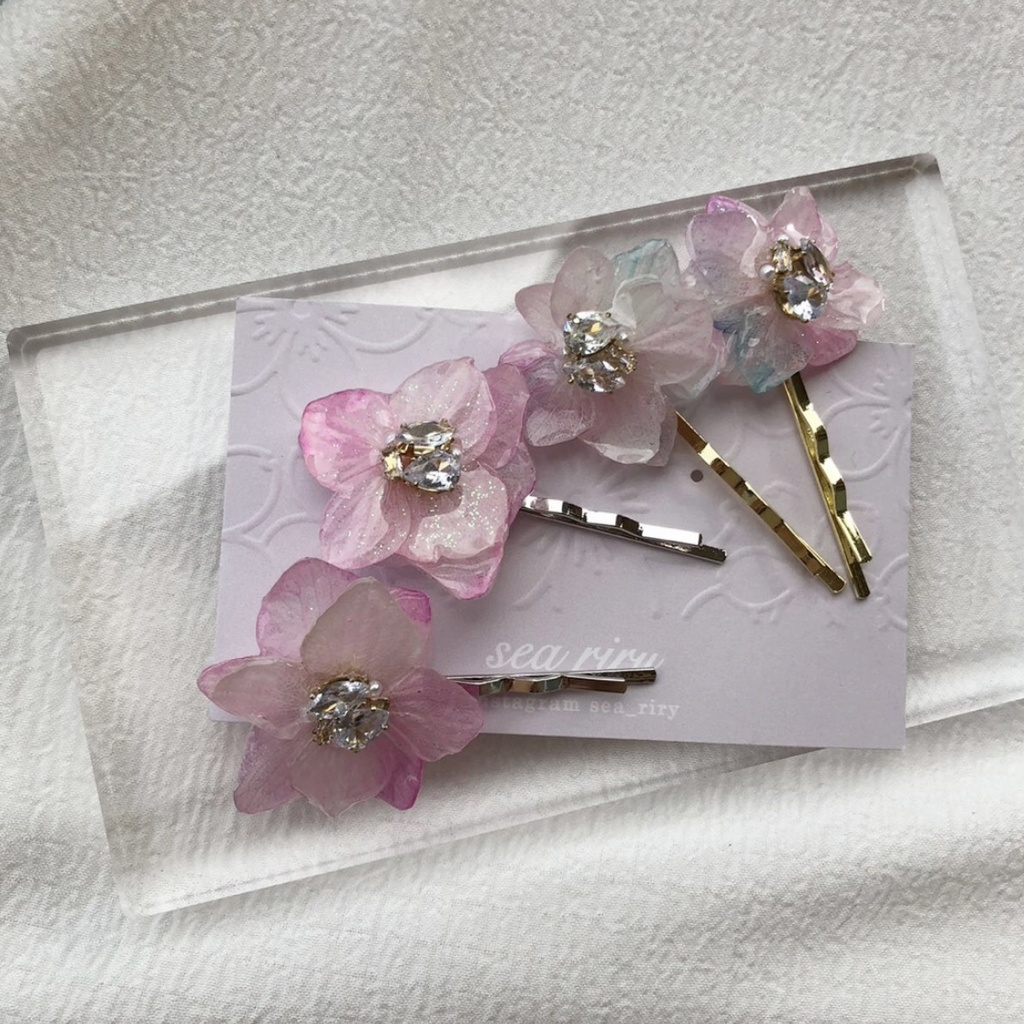 no.77 紫陽花のビジューヘアピン アジサイ Bijoux ヘアアクセサリー 髪飾り 髪留め 本物のお花 ハンドメイド