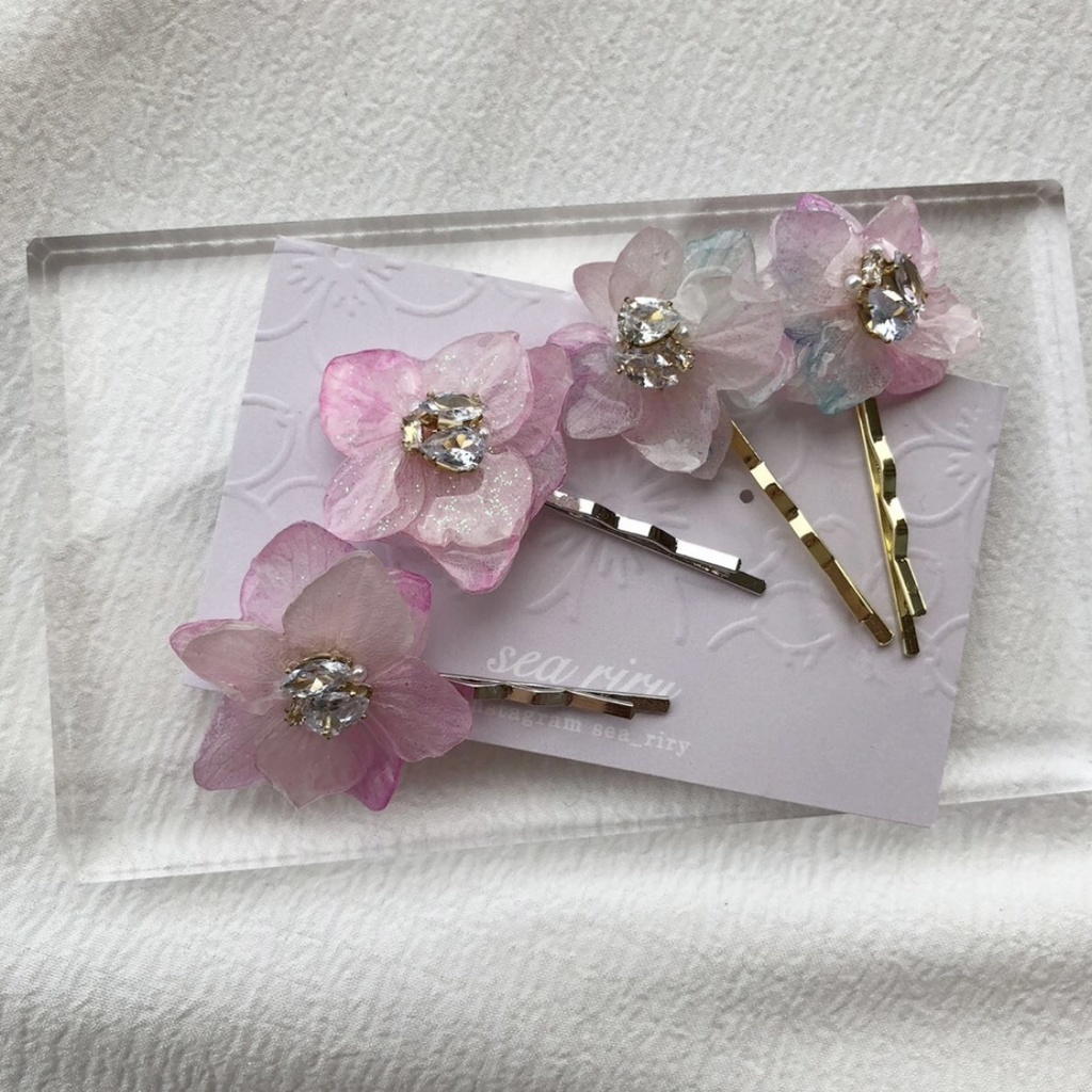 no.77 紫陽花のビジューヘアピン アジサイ Bijoux ヘアアクセサリー 髪飾り 髪留め 本物のお花 ハンドメイド