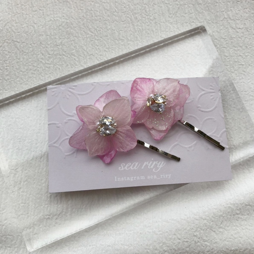 no.78 紫陽花のビジューヘアピン ドライフラワー 本物のお花 ヘアピン ピン留め ヘアアクセサリー ハンドメイド