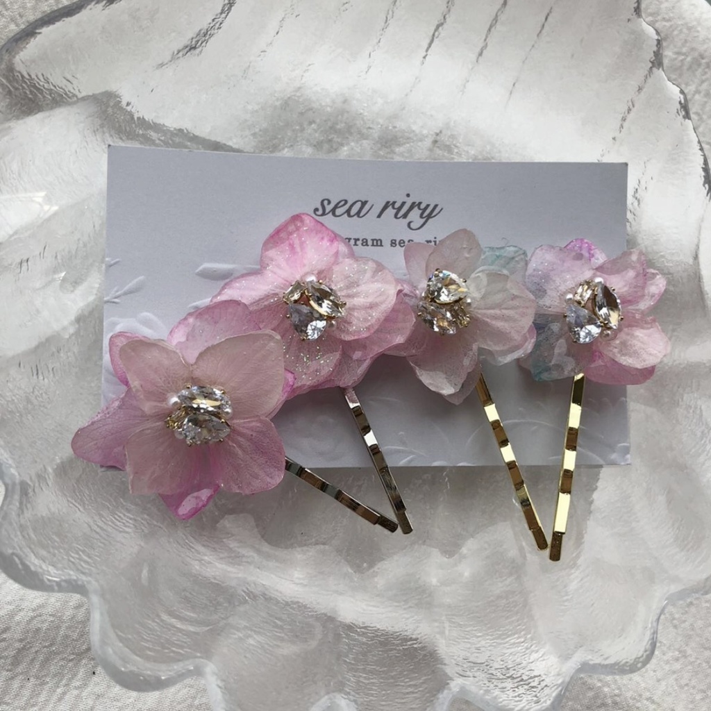 no.78 紫陽花のビジューヘアピン ドライフラワー 本物のお花 ヘアピン ピン留め ヘアアクセサリー ハンドメイド