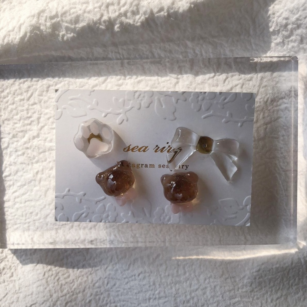 no.81 おめかしくまさん 限定セット くま teddybear リボン サージカルステンレス ハンドメイドピアス