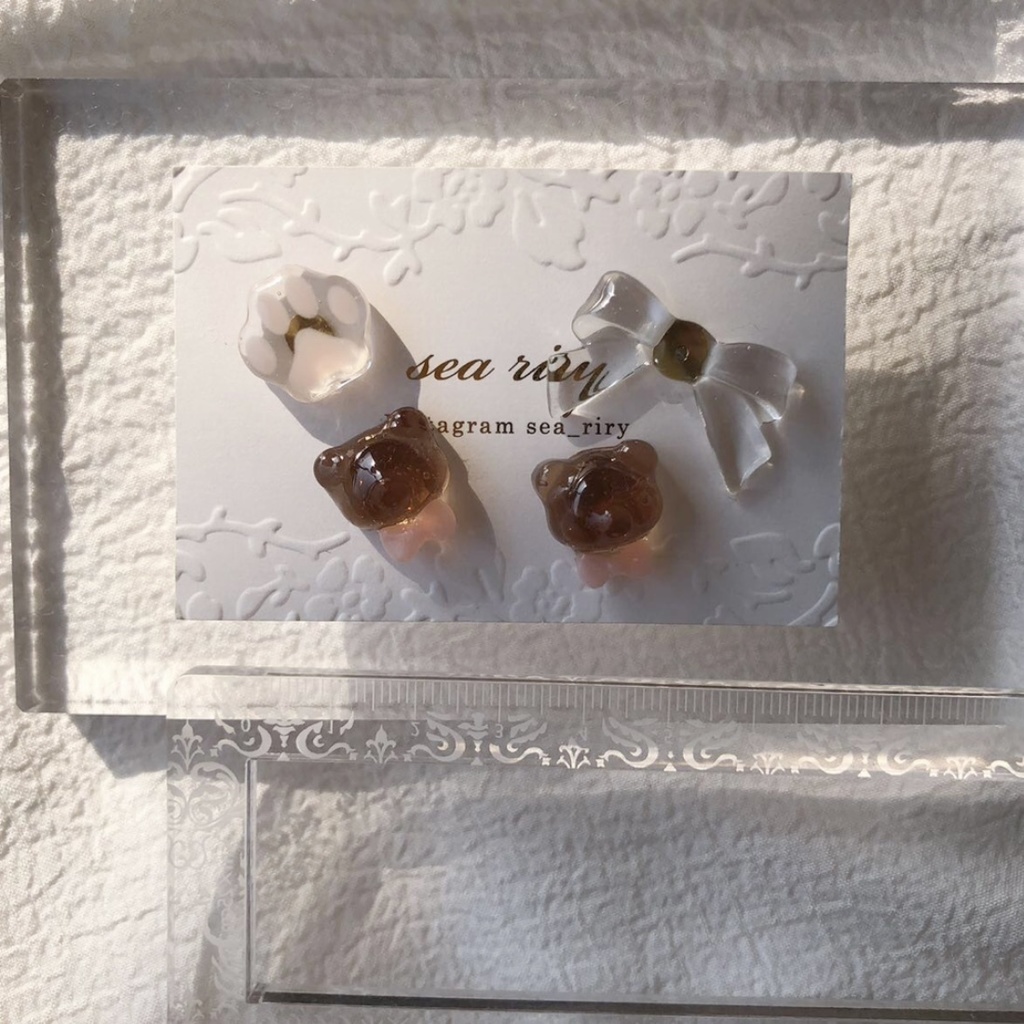 no.81 おめかしくまさん 限定セット くま teddybear リボン サージカルステンレス ハンドメイドピアス