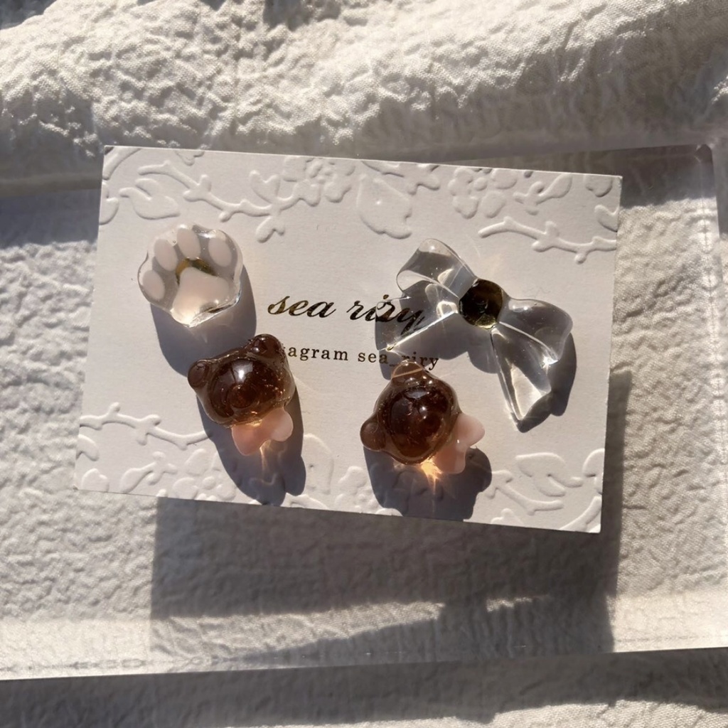 no.81 おめかしくまさん 限定セット くま teddybear リボン サージカルステンレス ハンドメイドピアス