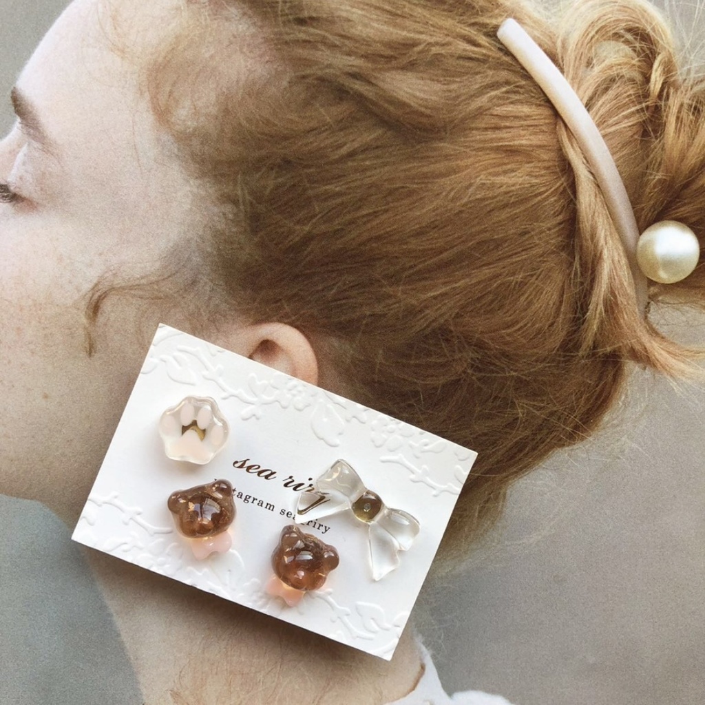 no.81 おめかしくまさん 限定セット くま teddybear リボン サージカルステンレス ハンドメイドピアス