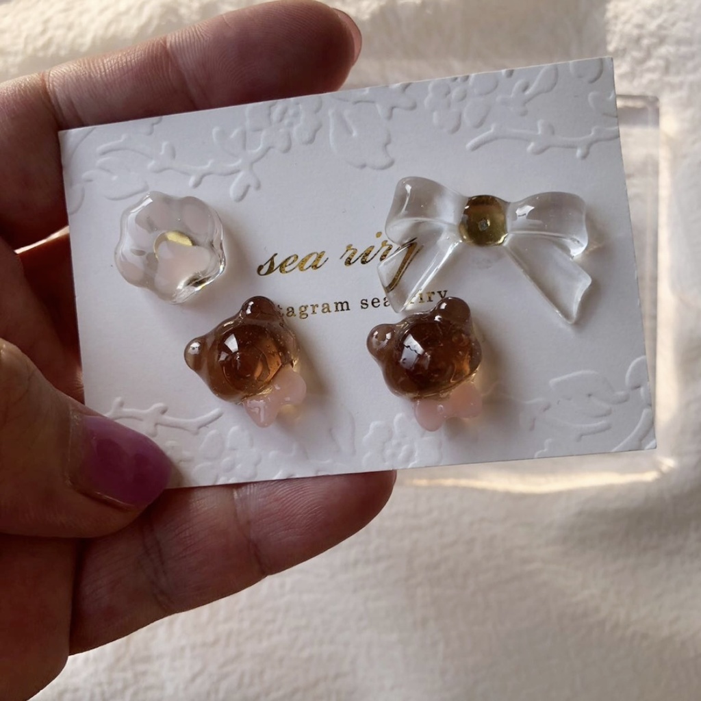 no.81 おめかしくまさん 限定セット くま teddybear リボン サージカルステンレス ハンドメイドピアス