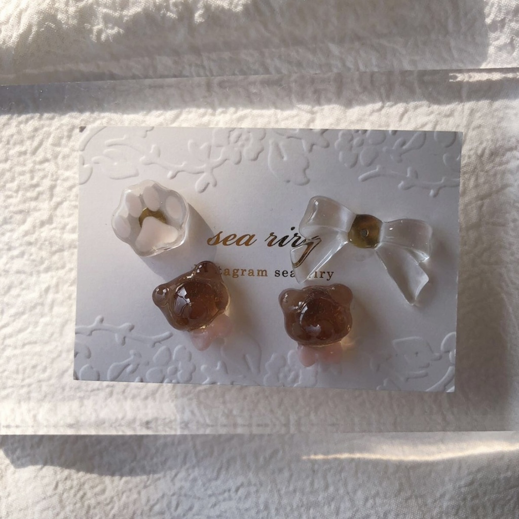 no.81 おめかしくまさん 限定セット くま teddybear リボン サージカルステンレス ハンドメイドピアス