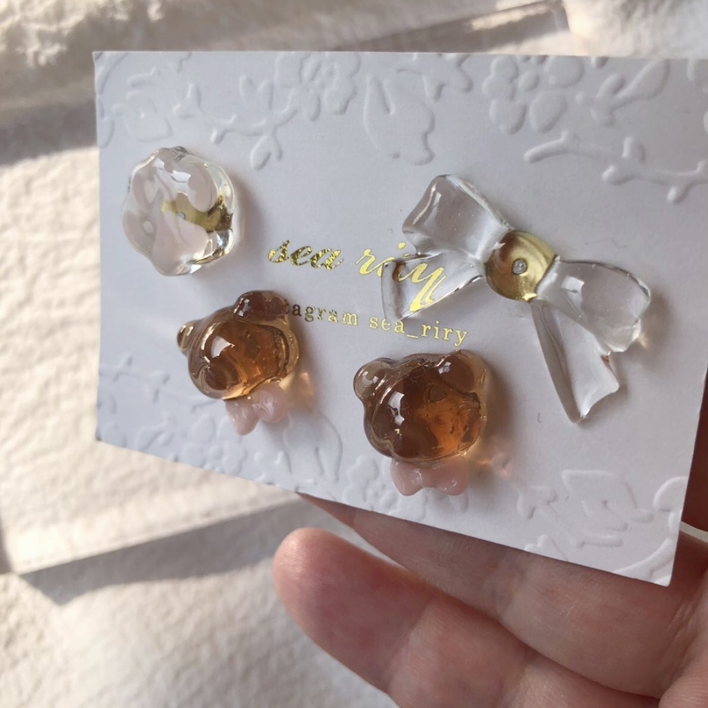 no.81 おめかしくまさん 限定セット くま teddybear リボン サージカルステンレス ハンドメイドピアス