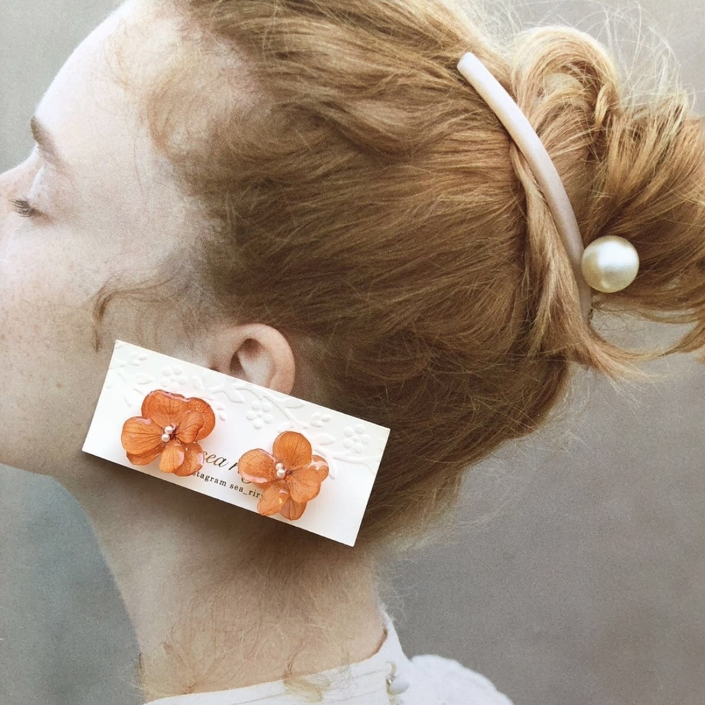 no.88 限定価格 紫陽花ピアス brick orange あじさい パール ブリックオレンジ 本物のお花 ハンドメイドピアス
