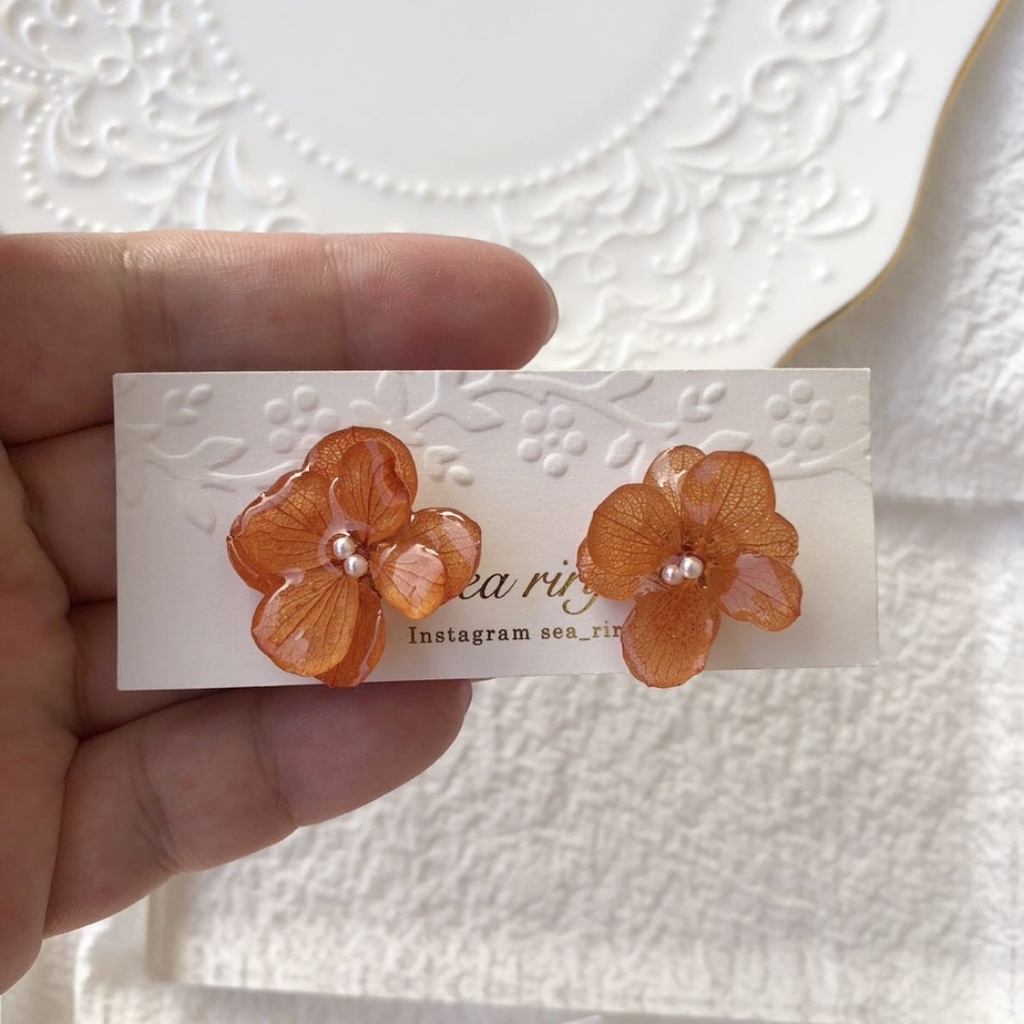no.88 限定価格 紫陽花ピアス brick orange あじさい パール ブリックオレンジ 本物のお花 ハンドメイドピアス