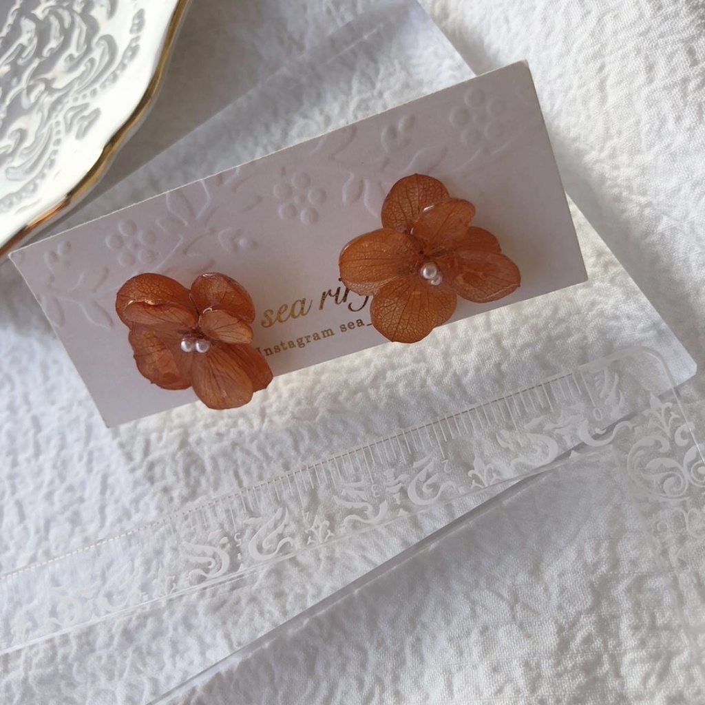 no.88 限定価格 紫陽花ピアス brick orange あじさい パール ブリックオレンジ 本物のお花 ハンドメイドピアス