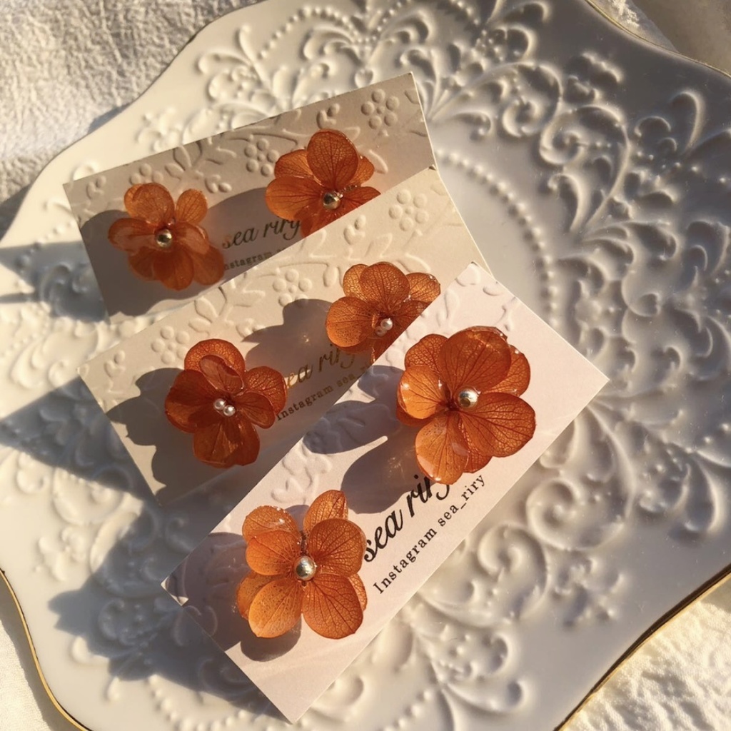 no.88 限定価格 紫陽花ピアス brick orange あじさい パール ブリックオレンジ 本物のお花 ハンドメイドピアス