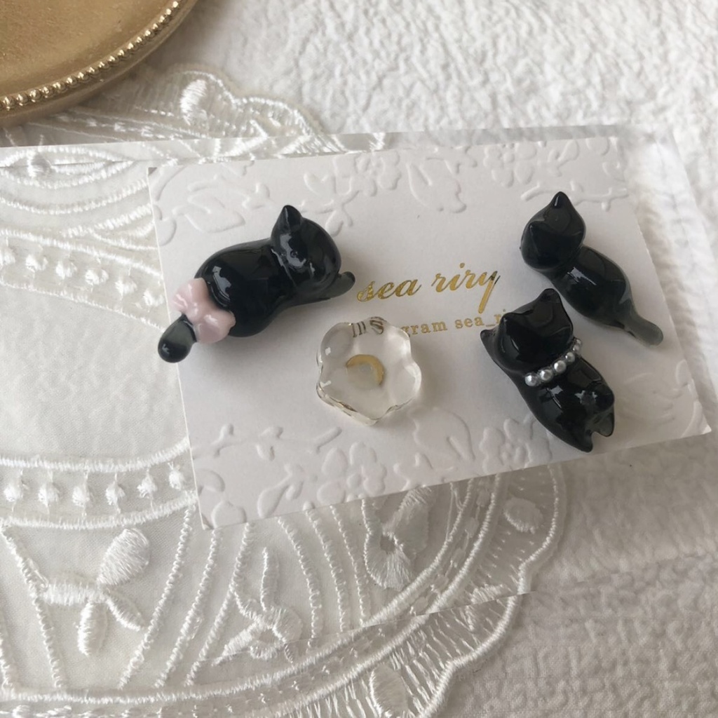 no.100 限定セット おめかし黒猫ちゃん リボン パール ねこ 黒猫 レジンピアス サージカルステンレス ピアス