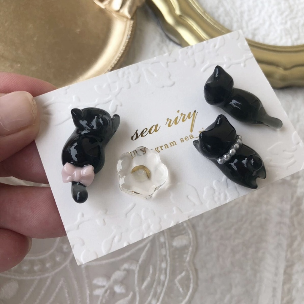 no.100 限定セット おめかし黒猫ちゃん リボン パール ねこ 黒猫 レジンピアス サージカルステンレス ピアス