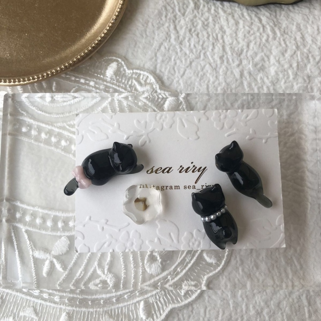 no.100 限定セット おめかし黒猫ちゃん リボン パール ねこ 黒猫 レジンピアス サージカルステンレス ピアス