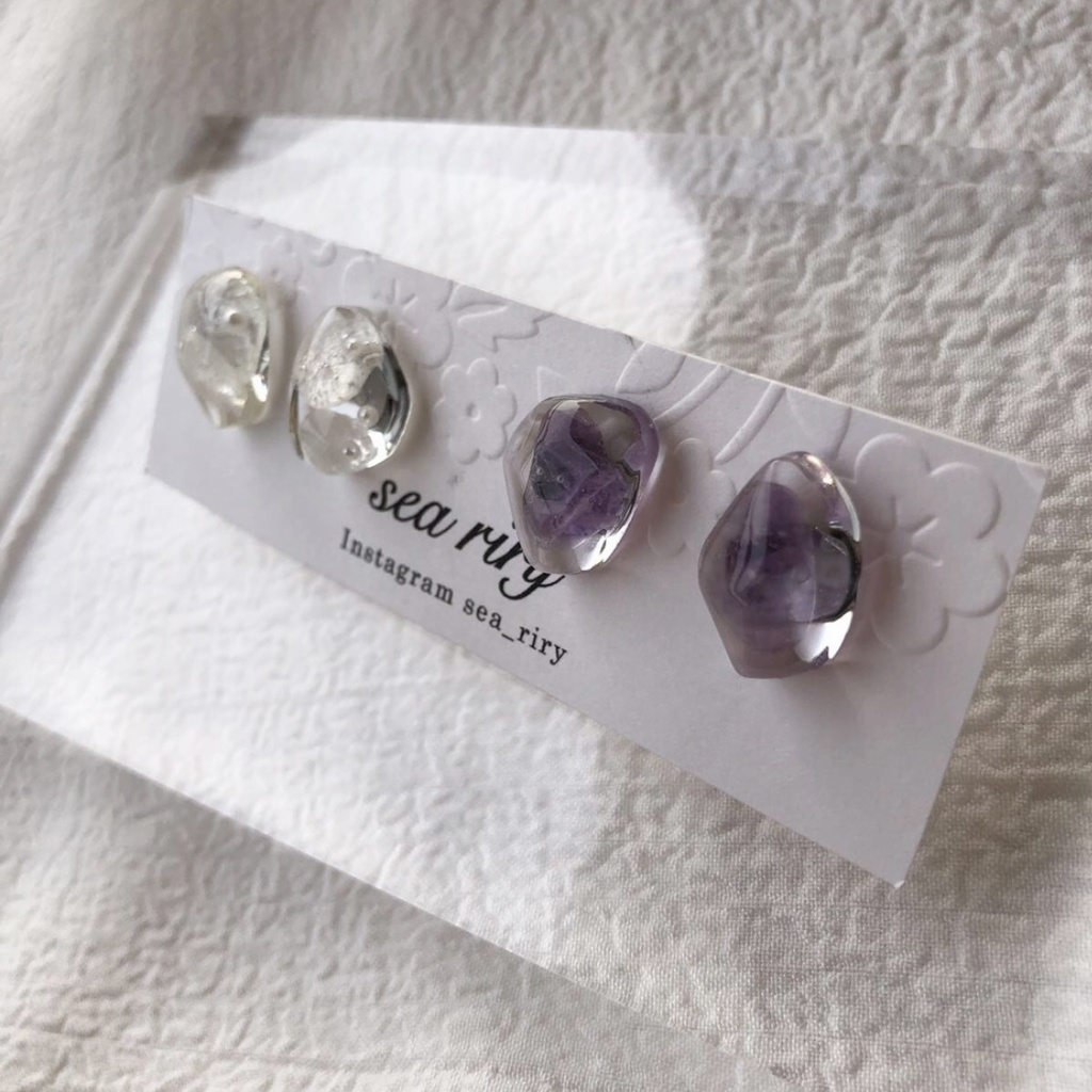 no.102 花鉱石と天然石のアメジストの鉱石ピアス 限定セット 紫陽花 パール 天然石 アメジスト ハンドメイドピアス