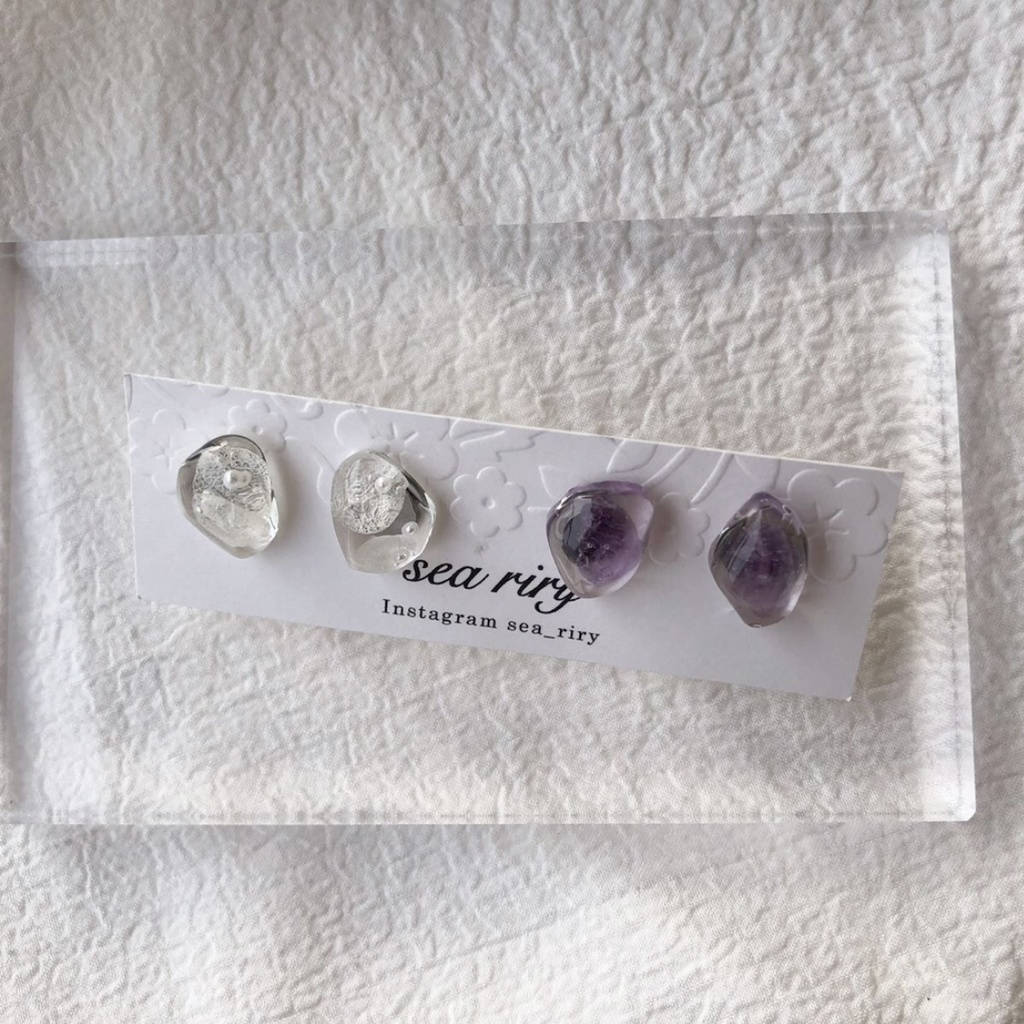 no.102 花鉱石と天然石のアメジストの鉱石ピアス 限定セット 紫陽花 パール 天然石 アメジスト ハンドメイドピアス