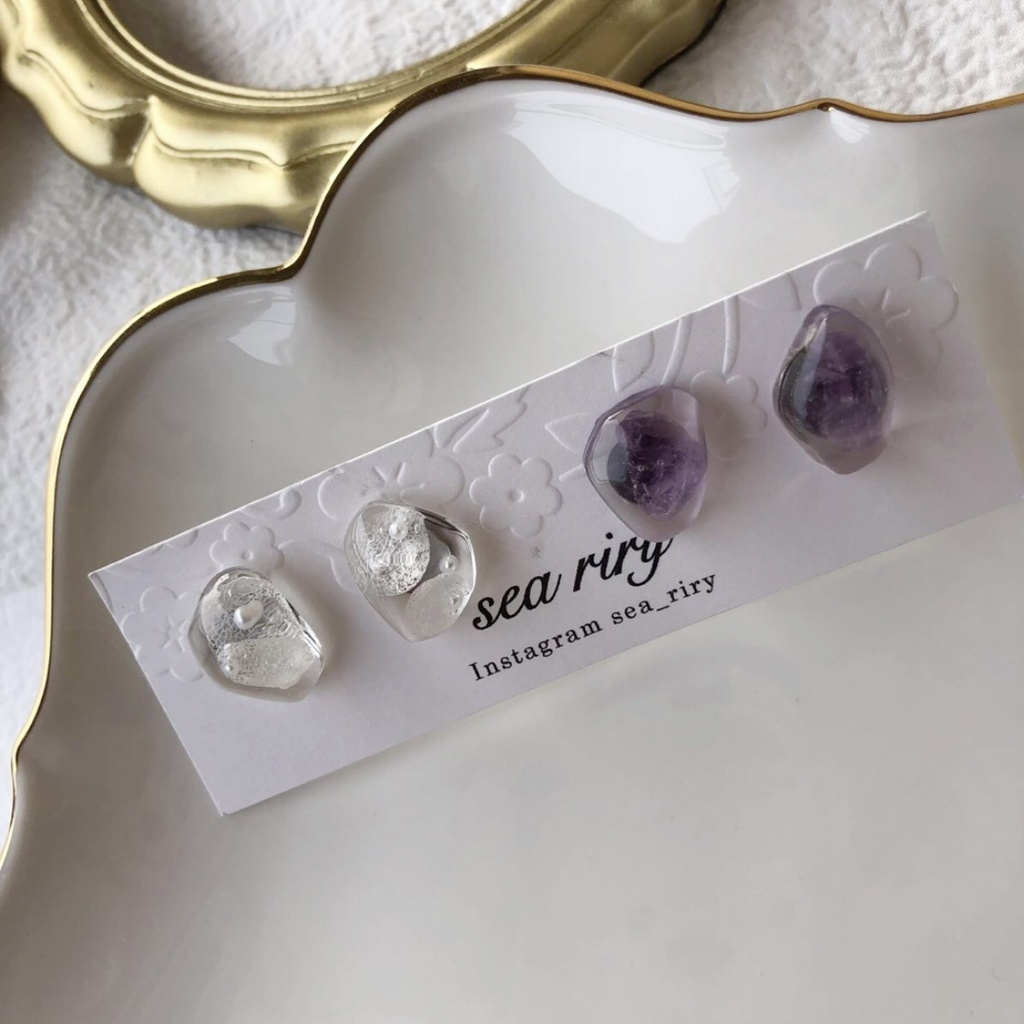 no.102 花鉱石と天然石のアメジストの鉱石ピアス 限定セット 紫陽花 パール 天然石 アメジスト ハンドメイドピアス